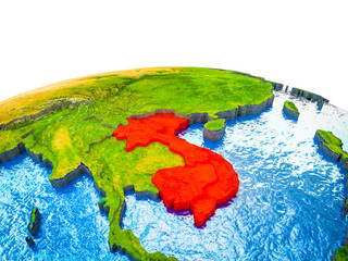 Indochina on 3D Earth with visible countries and blue oceans with waves.