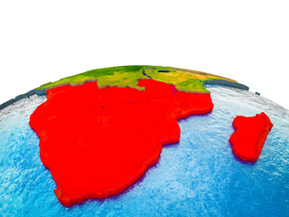 Southern Africa on 3D Earth with visible countries and blue oceans with waves.