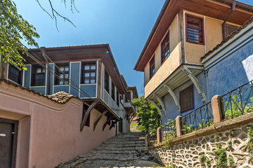 Typical street and houses from the period of Bulgarian revival in old town of  city of Plovdiv, Bulgaria