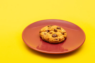  Delicious chocolate biscuits, American biscuits, with yellow background.
