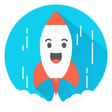 Flight of a space rocket with wings. Smiling a mug with eyes. The spaceship starts. In flat shadow.Icon start of the spaceship character cartoon.For games and business of concepts.Children's toy.