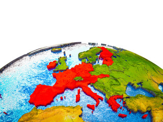 Eurozone member states on 3D Earth with visible countries and blue oceans with waves.