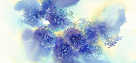 a bouquet of blue flowers, hydrangeas watercolor illustration