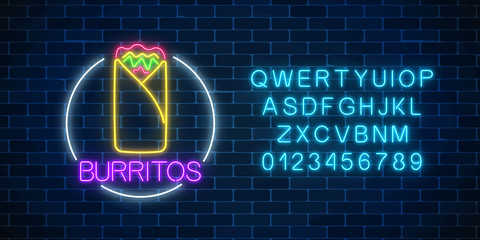 Neon glowing sign of burrito in circle frame with alphabet. Fastfood light billboard symbol.