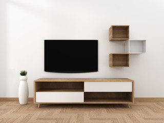 Smart Tv Mockup with blank black screen hanging on the cabinet decor, modern living room zen style. 3d rendering