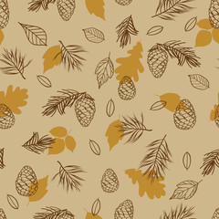 Seamless pattern from autumn leaves and cones. Background for fabric, cloth design, covers, manufacturing, wallpapers, print, gift wrap, scrapbooking. Vector.