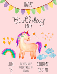Magical birthday card with unicorn. Cute unicorn invitation card. Isolated on pink background....