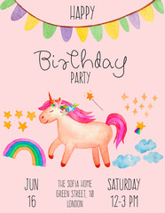 Magical birthday card with unicorn. Cute unicorn invitation card. Isolated on pink background....