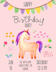 Magical birthday card with unicorn. Cute unicorn invitation card. Isolated on pink background. Fantasy and magic collection. Poster, postcard, label for printing. Trendy watercolor illustration.