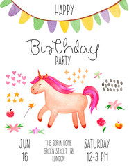 Magical birthday card with unicorn. Cute unicorn invitation card. Isolated on white background. Fantasy and magic collection. Poster, postcard, label for printing. Trendy watercolor illustration.