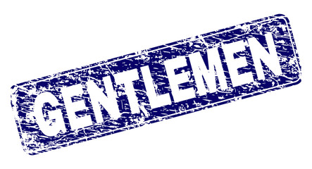 GENTLEMEN stamp seal watermark with grunge style. Seal shape is a rounded rectangle with frame. Blue vector rubber print of GENTLEMEN title with grunge style.