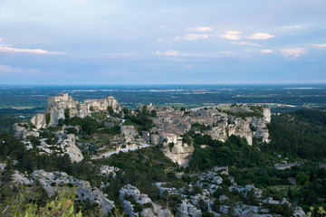 Fototapeta na wymiar A panorama of the hilltop medieval village of Les-Baux-De-Provence in the Alpilles regional park in Provence, France