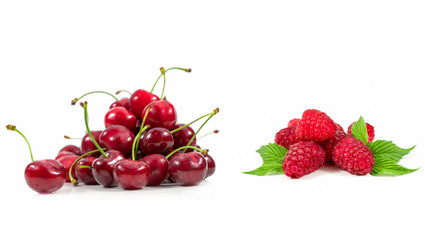 cherries and raspberry on white background