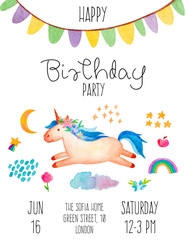 Magical birthday card with unicorn. Cute unicorn invitation card. Isolated on white background. Fantasy and magic collection. Poster, postcard, label for printing. Trendy watercolor illustration.