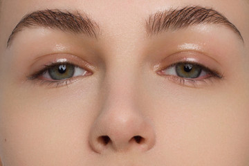 Obraz premium Zbliżenie kobiecych oczu z modnym wieczorowym makijażem, gęstymi równymi brwiami i długimi rustnitsami. Szaro-niebieskie oczy, soczewki, wzrok, kosmetologia, makijaż