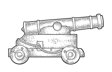 Cast iron cannon on wooden carriage with wheels. Vector engraving