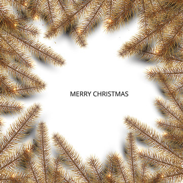 Merry Christmas greeting card with realistic shiny fir branches.
