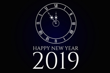 Illustrazione testo HAPPY NEW YEAR 2019, orologio con numeri romani, sfondo blu e nero, vettoriale Festività