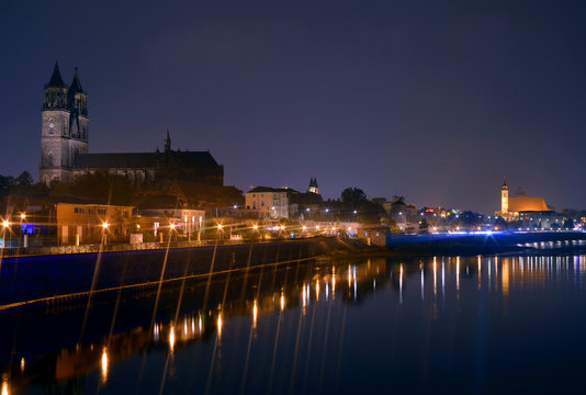 Magdeburg Skyline by Night with river Elbe