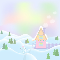 Winter landscape with house and snowman. Beautiful christmas winter flat landscape background. Snow landscape background