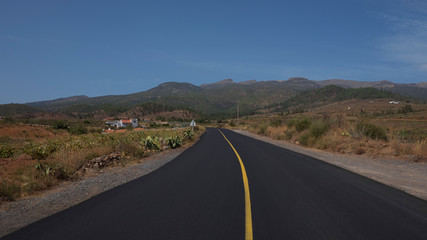 Empty road through Arona Municipality, surrounded by vineyards, terraced farms and wild endemic flora, view towards Teide National Park with the largest volcano in Spain, in Tenerife, Canary Islands