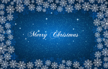 Blue New Year background with white snowflakes and inscription Merry Christmas. Snowfall. For Christmas design