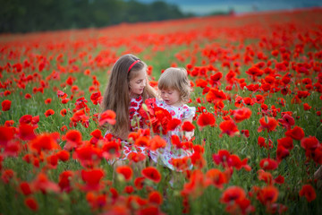 fashion, freedom, journey, travel, family, friendship concept - in the middle of poppy field there are enchanting little nymphs in gorgeous blue and white dresses and with floral wreaths on heads