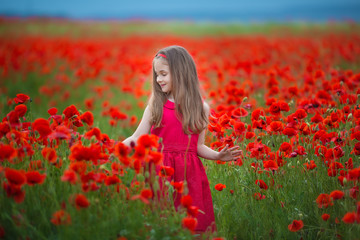 Naklejka na ściany i meble Beauty blue eyes teen enjoy summer days .Cute fancy dressed girl in poppy field. Field of blooming poppies.