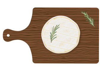 Cylinder of fresh creamy camembert de Normandie cheese with aromatic rosemary herbs on a wooden cutting board, top view. Traditional french dairy product. Vector hand drawn illustration. 