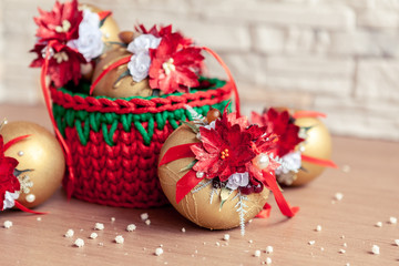 Christmas balls for tree in wicker red basket