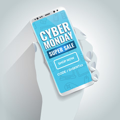 Cyber Monday mobile and online shopping deals and discount concept. light duotone hand holding a luxury white smartphone showing a typographic design landing page showing a call to action text.