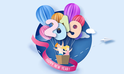 Naklejka premium 2019 Happy New Year design card with kids