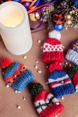 Small knitted multicolored hats.