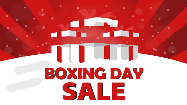 Boxing Day Sale Design with Gift Box, Snowfall, and Bokeh Effect.