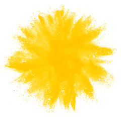 Yellow powder explosion on white background.