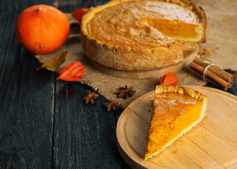 Fototapeta na wymiar Traditional pumpkin pie for thanksgiving