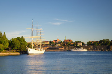 Fototapeta premium White ship yacht boat hostel on Lake Malaren, Stockholm, Sweden