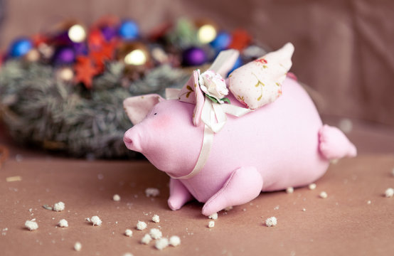 pink pig fabric. Handmade, symbol of year.