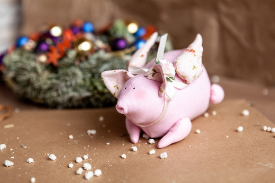 pink pig fabric. Handmade, symbol of year.