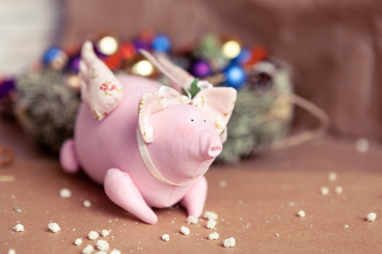 pink pig fabric. Handmade, symbol of year.