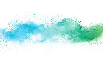 Abstract powder splatted background. Colorful powder explosion on white background. Colored cloud. Colorful dust explode. Paint Holi.