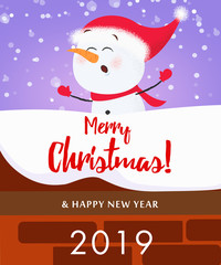 Fototapeta na wymiar Christmas and New Year poster design. Cheerful snowman singing on snow covered roof on violet background. Illustration can be used for banners, flyers, postcards