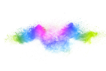 Fototapeta na wymiar Abstract powder splatted background. Colorful powder explosion on white background. Colored cloud. Colorful dust explode. Paint Holi.