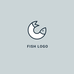 Fish silhouette logo. Vector abstract minimalistic illustration fishing. Tuna, salmon icon. Aquarium, pet shop, marina, fish restaurant, seafood vector flat style logotype modern.