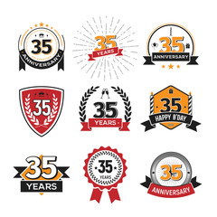 Collection of retro 35 th years anniversary logo. Set of Isolated vintage icons of thirty-five years celebrating vector illustration