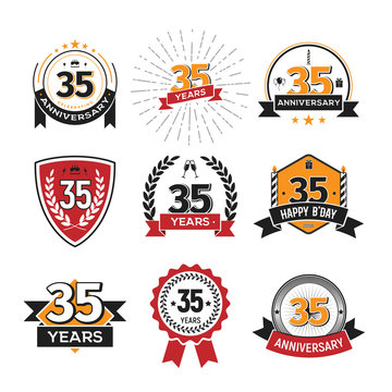 Collection of retro 35 th years anniversary logo. Set of Isolated vintage icons of thirty-five years celebrating vector illustration