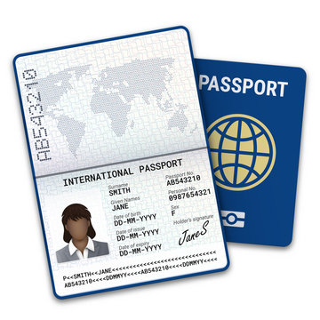 International female passport template with biometric data identification, photo of a black woman, signature and other personal data. Vector illustration