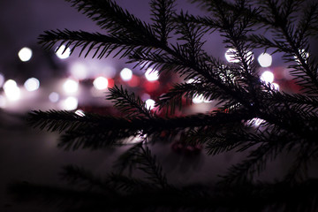 Christmas winter card with blurred bokeh. Merry Christmas and Happy New Year greeting card with copy space.