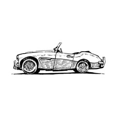 Retro vintage sport car hand-drawn with black ink pen
