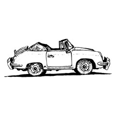 Retro vintage sports car hand-drawn with black ink pen